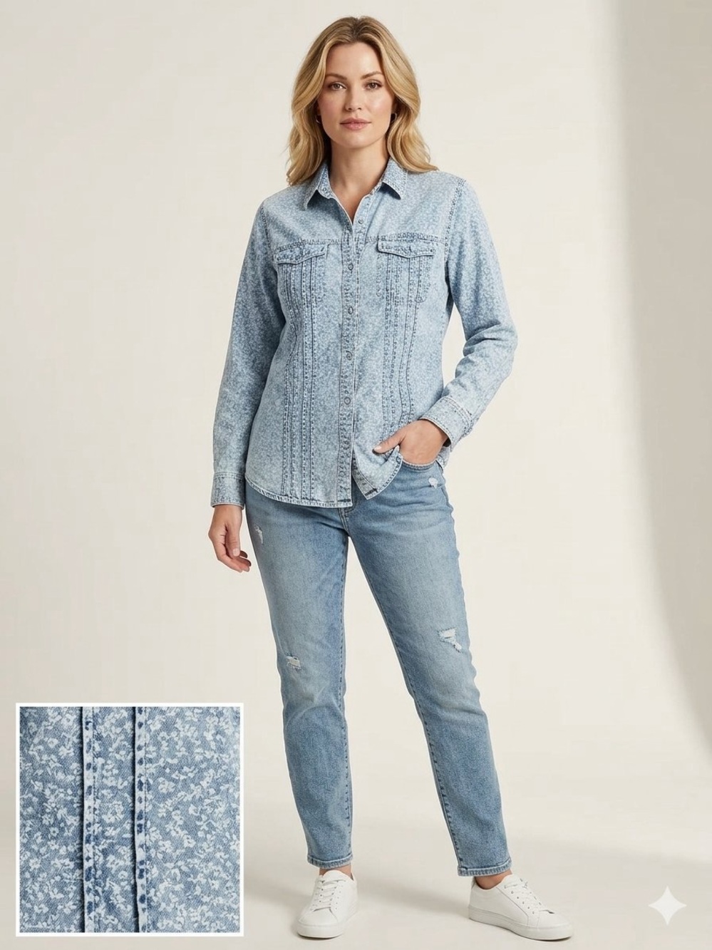VTG LRL Denim Micro Floral Cottagecore Old Money Pleated Button Front Shacket